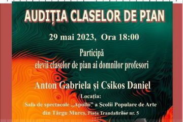 Audiția claselor de pian are loc în data de 29 mai, ora 18:00, în sala de expoziții și Spectacole „Apollo” a Școlii Populare de Arte Mureș.